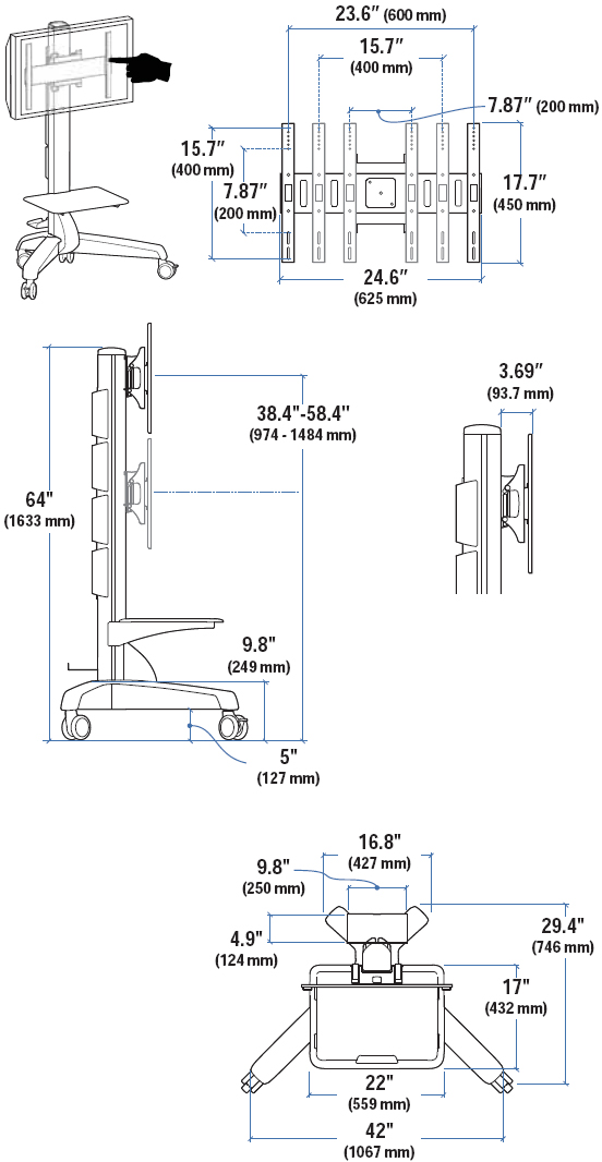 Dimensional Diagram for 24-190-057 Neo-Flex Mobile Media Center LD Light Duty Grey