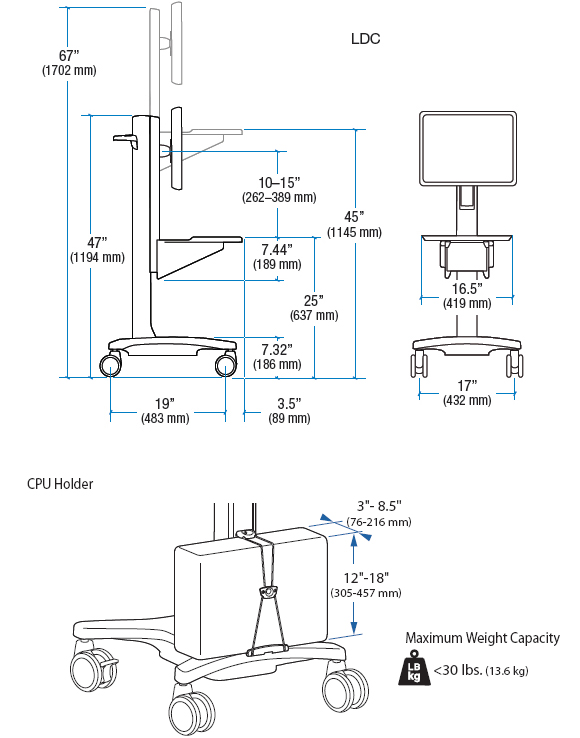 Technical Drawing for Ergotron 24-182-055 Neo-Flex Mobile WorkSpace