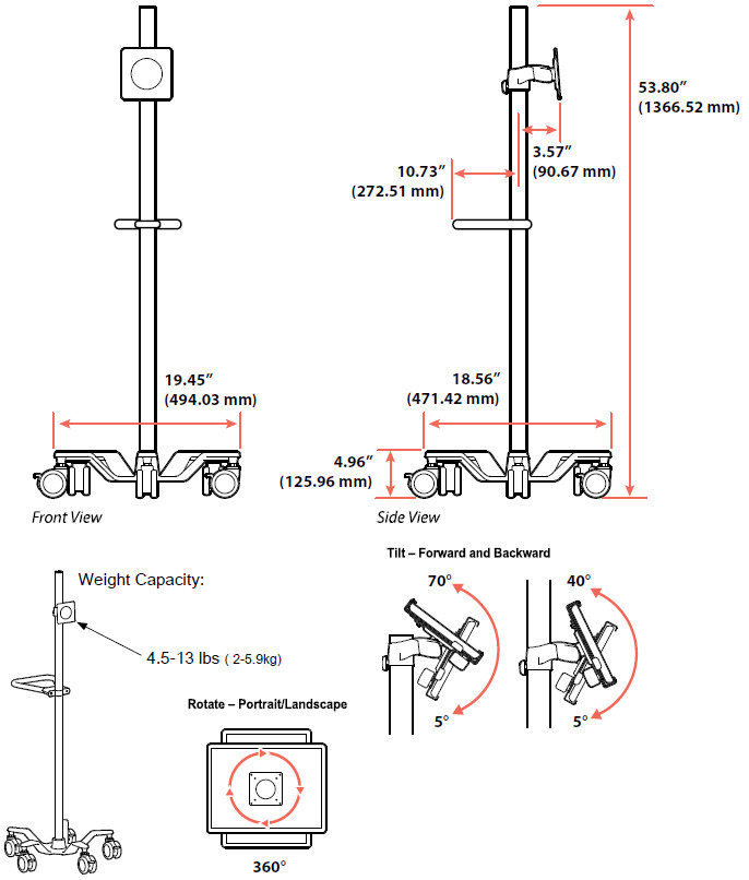 Technical Drawing for Ergotron 24-818-211 StyleView Multipurpose Pole Cart