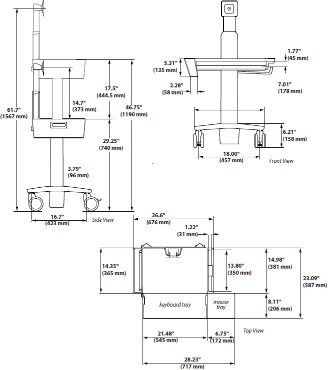 Technical Drawing for Ergotron C50-3500-0 Light-Duty CareFit Slim 2.0 LCD Medical Cart, No Drawer