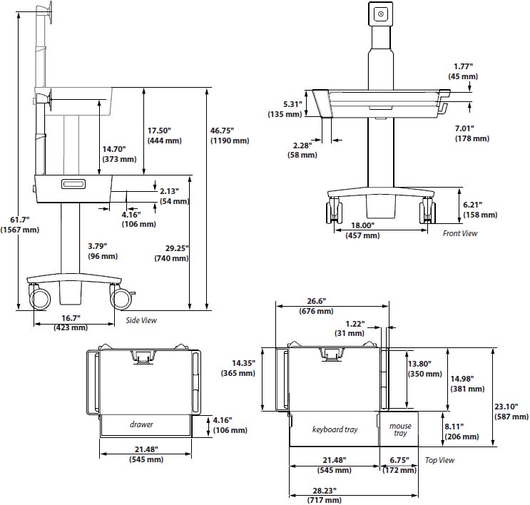 Technical Drawing for Ergotron C50-3510-0 Light-Duty Medical CareFit Slim 2.0 LCD Cart, 1 Drawer