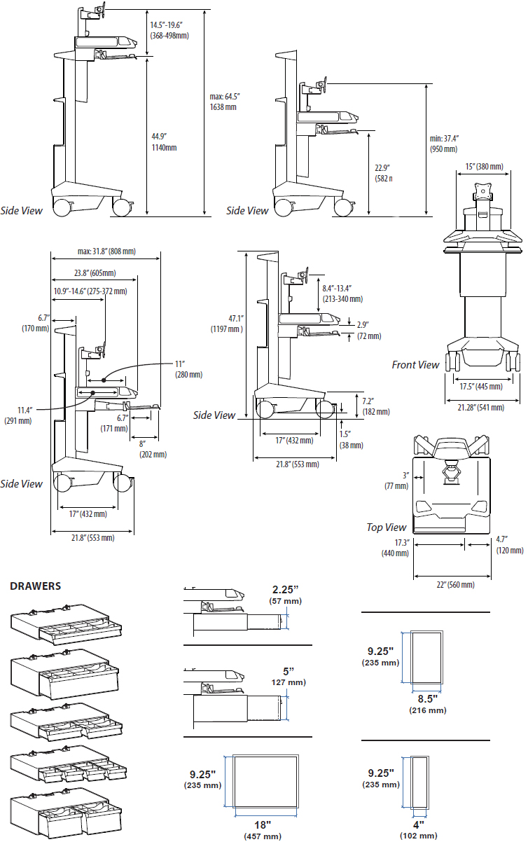 Technical Drawing for Ergotron C52-1211-1 CareFit Pro Medical Cart, LiFe Powered, 1 Drawer