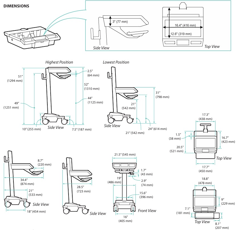 Technical Drawing for Ergotron M021-0101-100000-1-0 Mosaic Laptop Cart, Non-powered, No Drawer