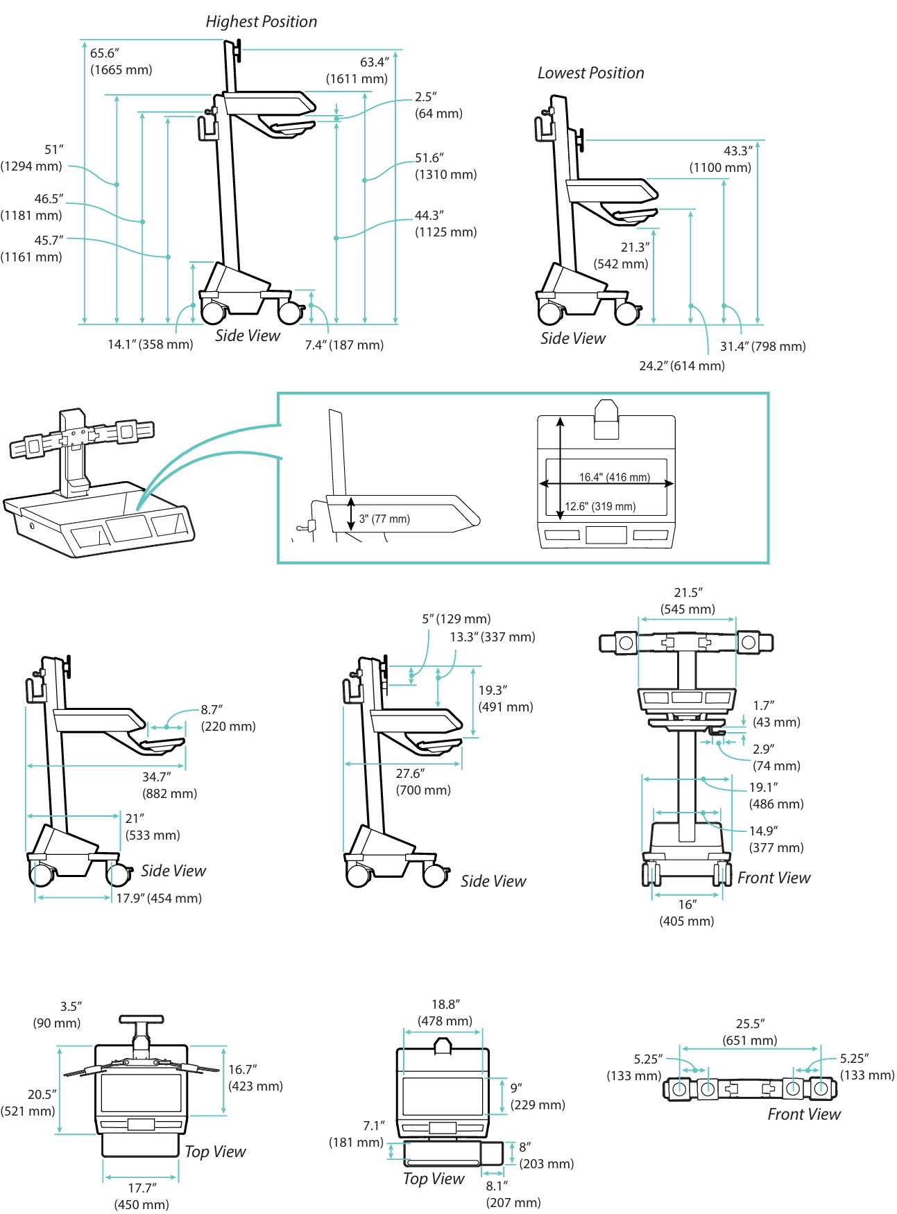 Technical Drawing for Ergotron M261-1101-100000-1-1 Mosaic Dual Side-by-Side Cart, DC Power