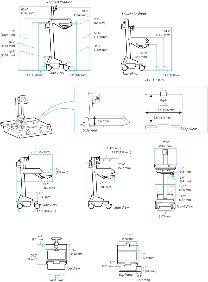 Technical Drawing for Ergotron M111-1101-100000-1-1 Mosaic LCD Cart, AC Power, No Drawer