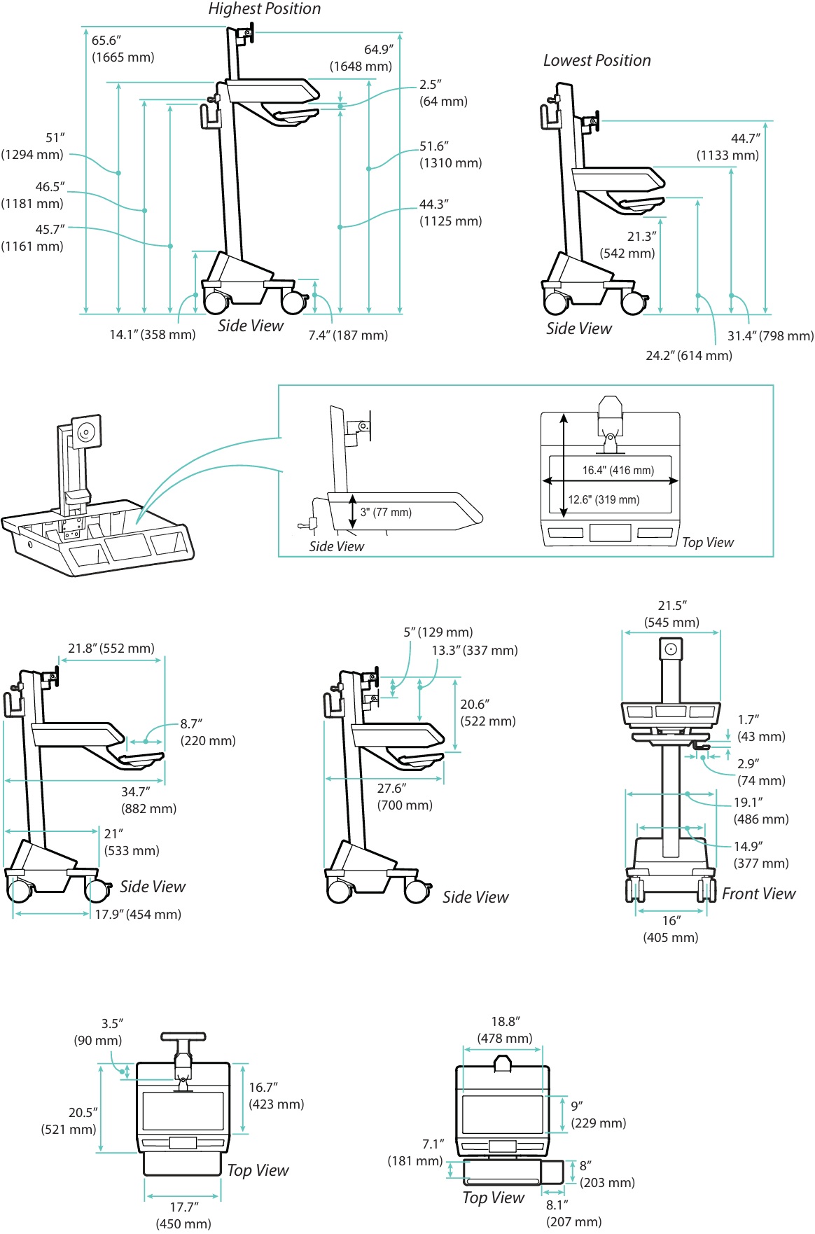 Technical Drawing for Ergotron M241-1101-100000-1-1 Mosaic LCD Cart with HD Riser, DC Power