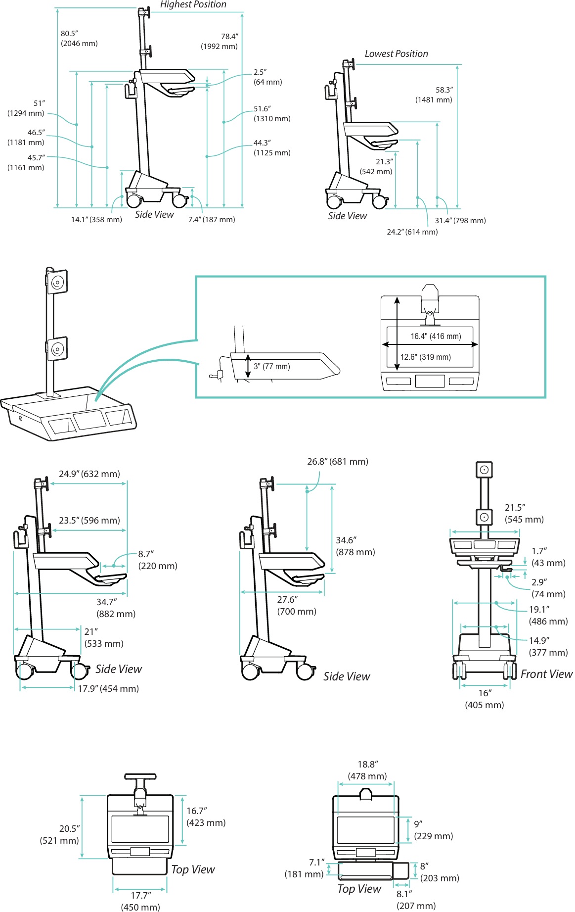 Technical Drawing for Ergotron M171-1101-100000-1-1 Mosaic LCD Dual Stack Cart, AC Power