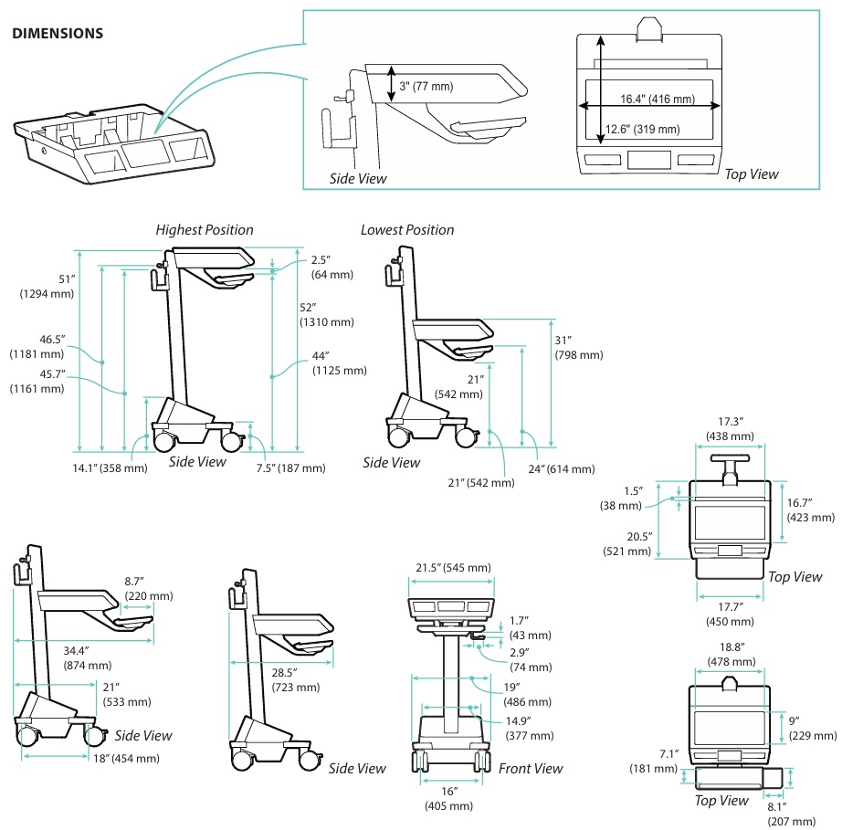 Technical Drawing for Ergotron M121-1101-100000-1-1 Mosaic Laptop Cart, AC Power, No Drawer