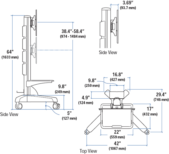 Dimensional Diagram for ergotron 24-192-057 Neo-Flex Mobile Media Center UHD