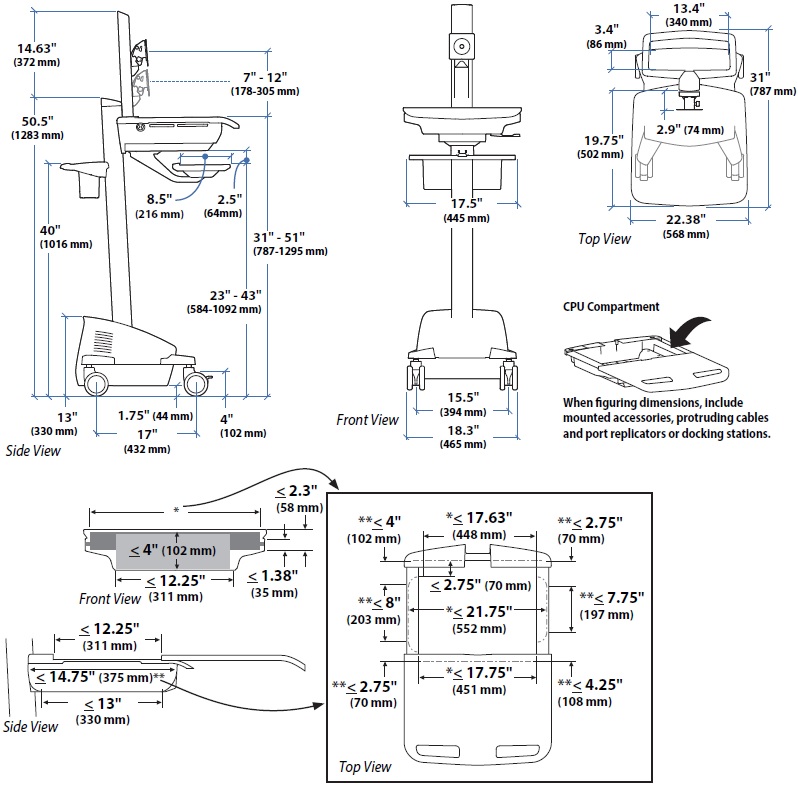 Technical Drawing for Ergotron SV42-8302-1 SV LCD Pivot Cart, LiFe Powered (no drawers)