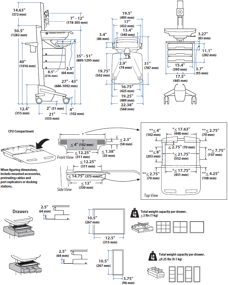 Technical Drawing for Ergotron SV43-2550-0 StyleView Medical Cart with HD Pivot, 5 Drawers