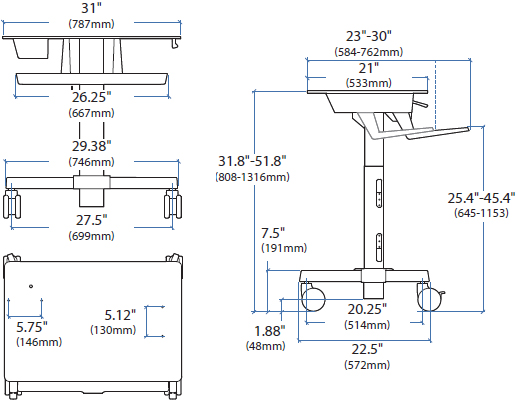 Technical Drawing for Ergotron 24-220-055 TeachWell Digital Classroom Cart