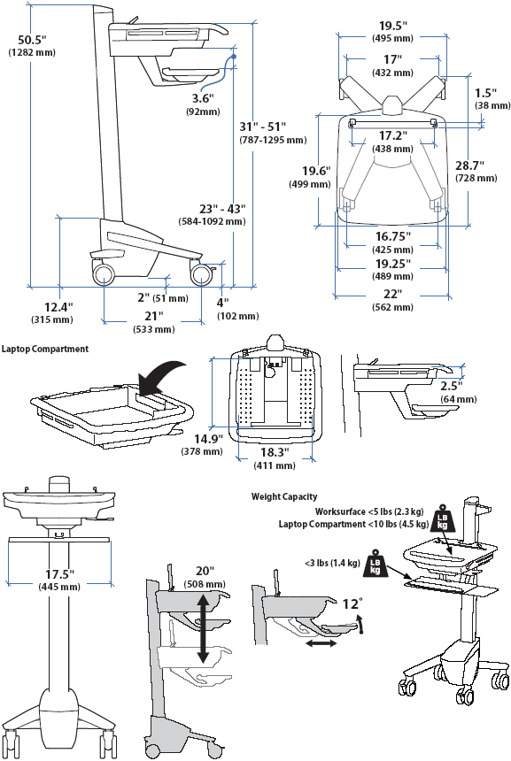 Technical Drawing of Ergotron SV40-40004 StyleView EMR Laptop Cart, non-powered