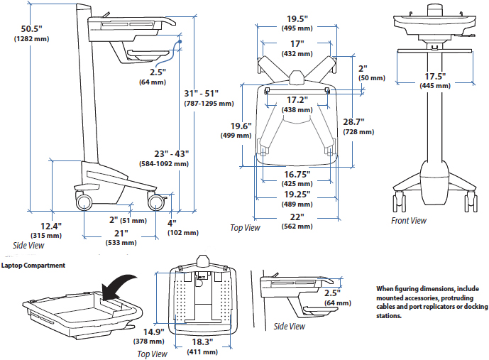 Technical Drawing of Ergotron SV40-6100-0 StyleView EMR Laptop Cart, non-powered