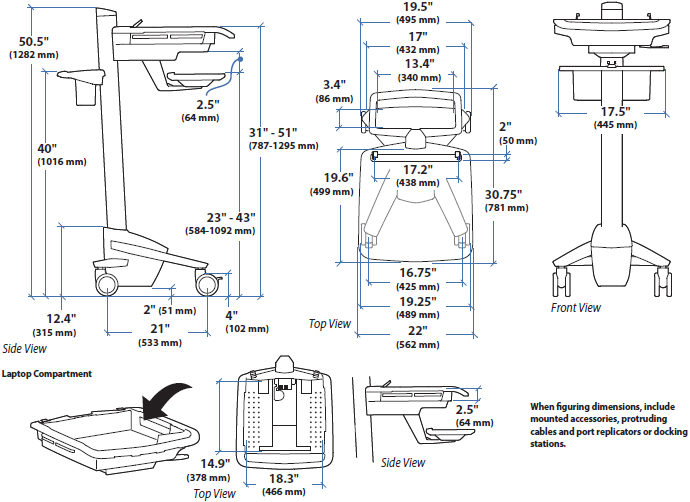 Technical Drawing of Ergotron SV41-6100-0 StyleView EMR Laptop Cart, non-powered