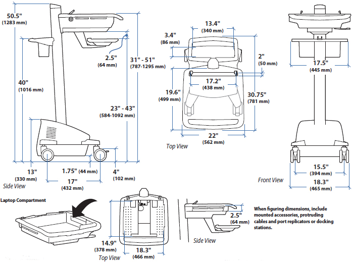 Technical Drawing of Ergotron SV42-6101-1 StyleView EMR Laptop Cart, SLA Powered