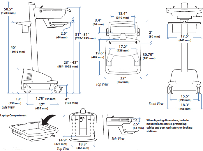 Technical Drawing of Ergotron SV42-6102-1 StyleView EMR Laptop Cart, LiFe Powered