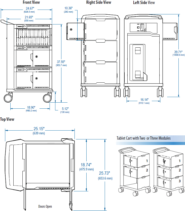 Technical Drawing of Ergotron 24-238-085 Tablet Management Charge Sync Cart with ISI