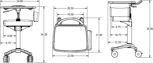 Technical drawing for Ergotron BZD03CG/CG4 Zido EKG Height Adjustable Cart Package