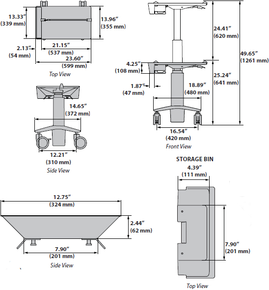 Technical Drawing for Ergotron C50-1100-0 CareFit Slim Medical Laptop Cart, non-powered