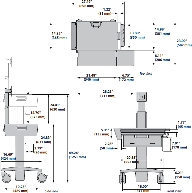 Technical Drawing for Ergotron C50-2500-0 CareFit Slim Medical LCD Cart, non-powered