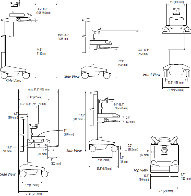 Technical drawing for Ergotron C52-2201-1 CareFit Pro Electric Lift Medical Cart, LiFe Powered