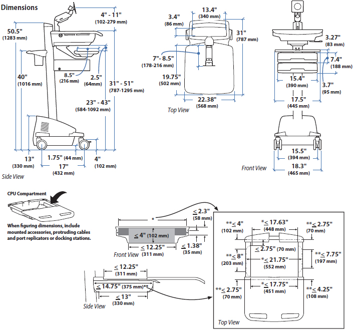 Technical drawing for Ergotron SV44-2292-1 SV Electric Lift Cart with LCD Arm, LiFe Powered, 9 Drawers