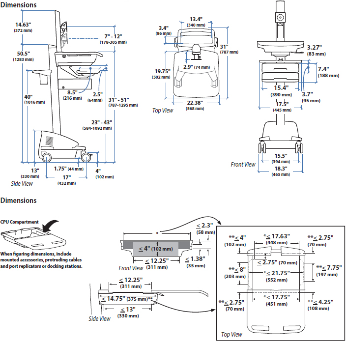 Technical drawing for Ergotron SV44-2392-1 SV Electric Lift Cart with Pivot, LiFe Powered, 9 Drawers