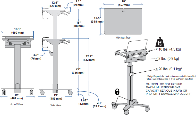 Technical drawing for Ergotron SV10-1100-0 StyleView Laptop Cart, SV10, non-powered
