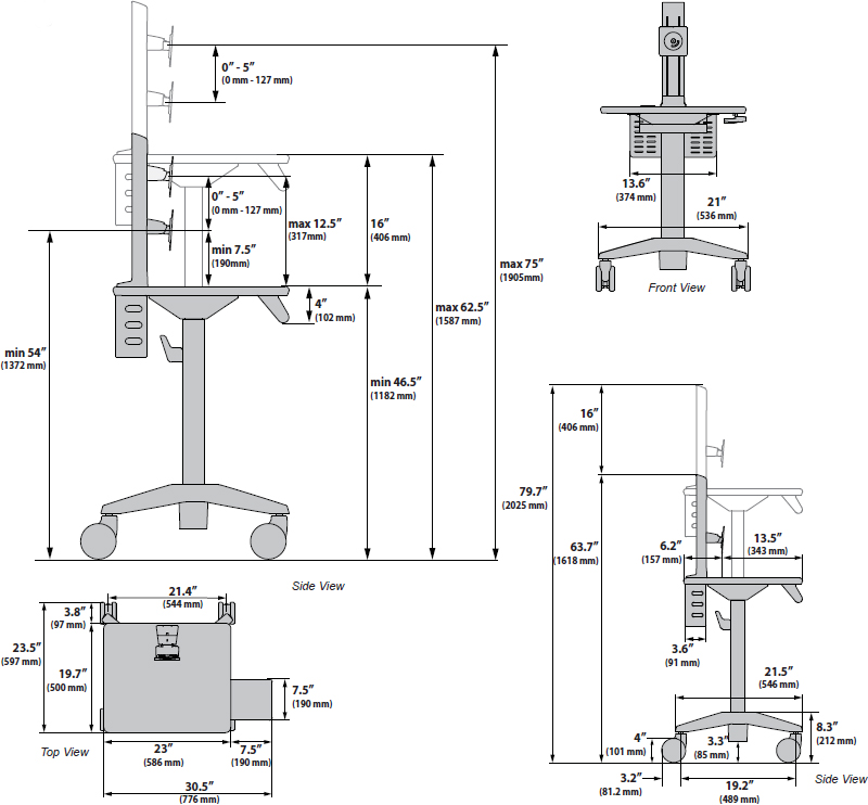 Technical Drawing for Ergotron SV10-1300-0 StyleView Lean WOW Cart, SV10