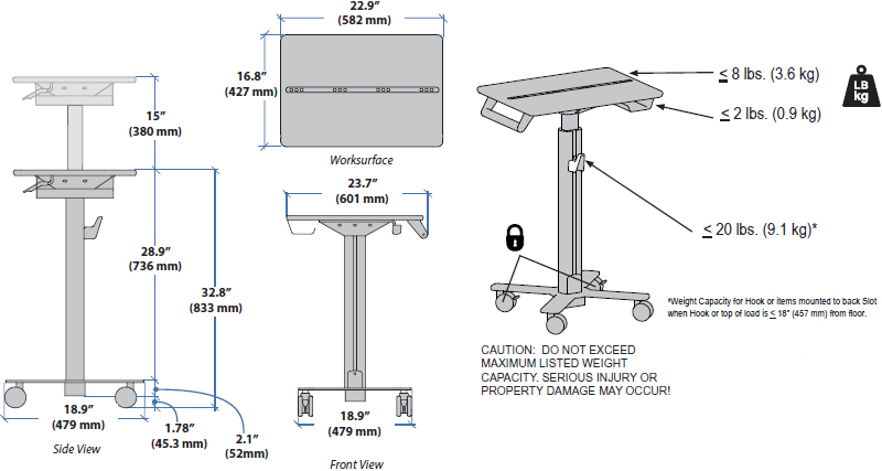 Technical drawing for Ergotron SV10-1800-0 StyleView S-Tablet Cart, SV10, non-powered