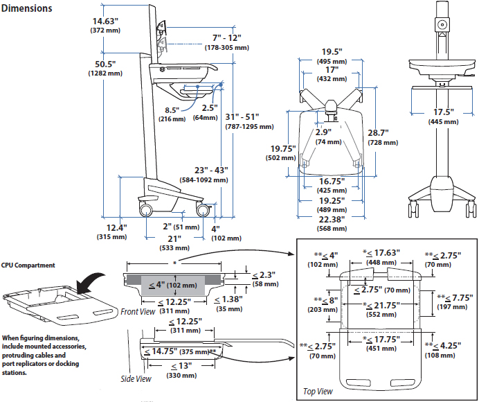 Technical Drawing for Ergotron SV40-6300-0 StyleView Cart with LCD Pivot, SV40