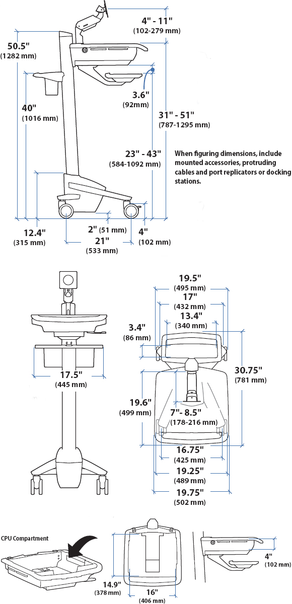 Technical Drawing for Ergotron SV41-41002 StyleView EMR LCD Monitor Arm Cart