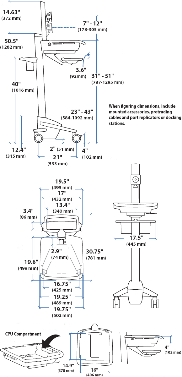 Technical Drawing for Ergotron SV41-41021 StyleView EMR LCD Pivot Cart