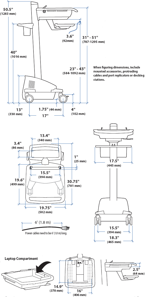 Technical Drawing for Ergotron SV42-42102 StyleView EMR Notebook Cart