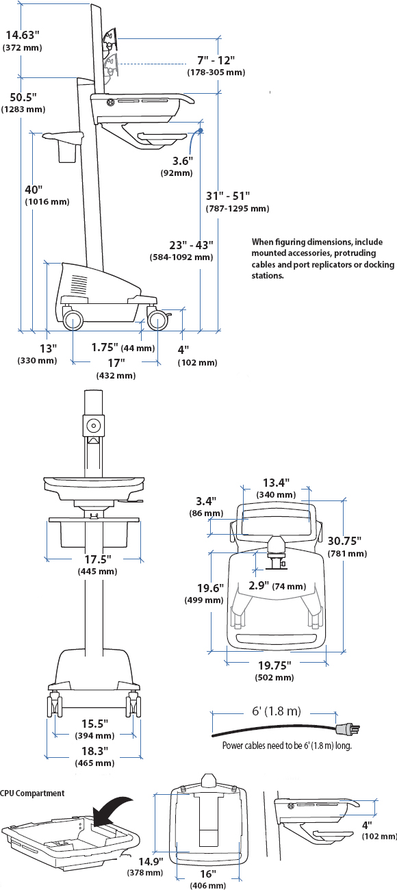 Technical Drawing for Ergotron SV42-42201 StyleView EMR LCD Pivot Cart