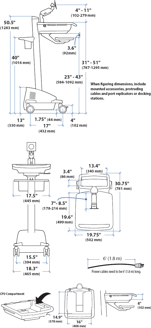 Technical Drawing for Ergotron SV42-42221 StyleView EMR LCD Monitor Arm Cart