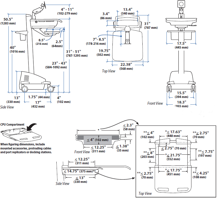 Technical Drawing for Ergotron SV42-7202-1 SV Electric Lift Cart with LCD Arm, LiFe Powered