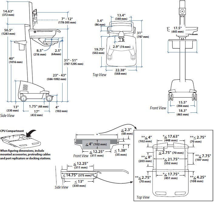 Technical Drawing for Ergotron SV42-7302-1 SV Electric Lift Cart with LCD Pivot, LiFe Powered