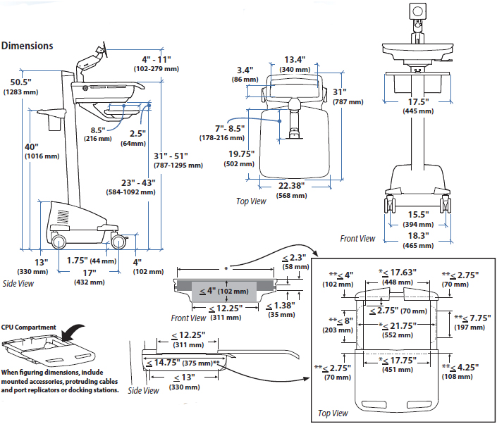 Technical Drawing for Ergotron SV42-6201-1 StyleView Cart with LCD Arm, SLA Powered