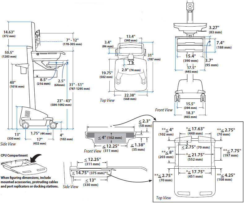 Technical drawing for Ergotron SV44-13C1-1 SV Cart w/ LCD Pivot, SLA Powered, 2 Tall Drawers
