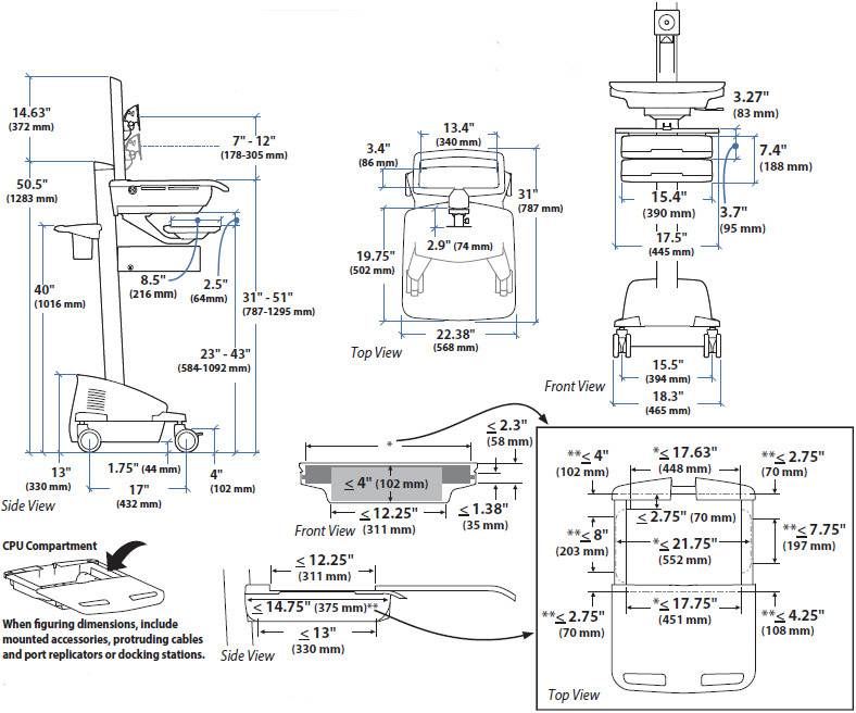 Technical drawing for Ergotron SV44-13A1-1 SV Cart w/ LCD Pivot, SLA Powered, 2 Drawers