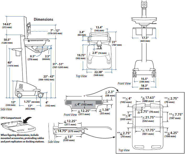 Technical Drawing for Ergotron SV42-6302-1 StyleView Cart with LCD Pivot, LiFe Powered