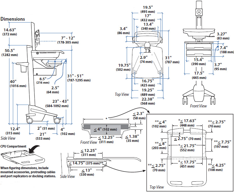 Technical drawing for Ergotron SV43-1330-0 StyleView Cart with LCD Pivot, 3 Drawers