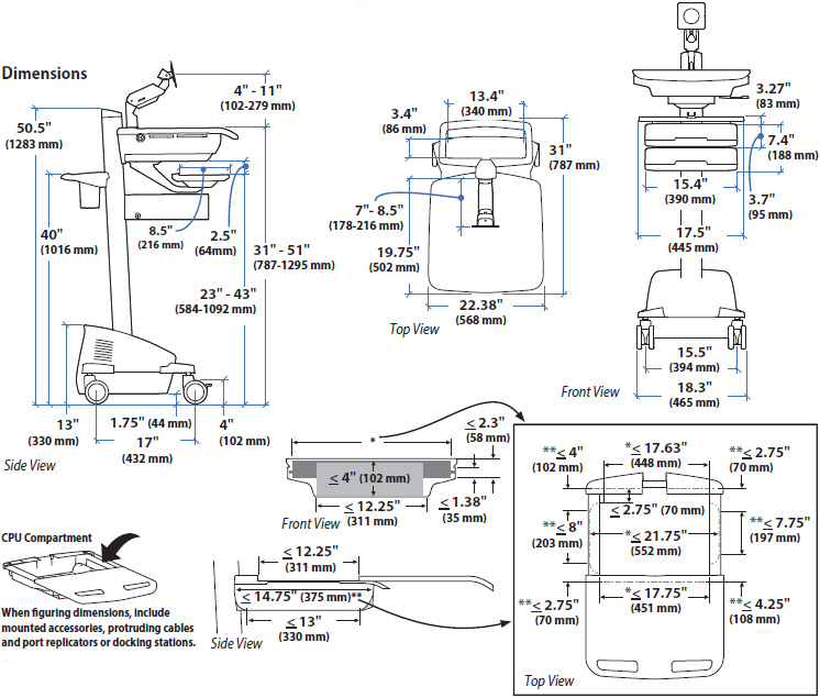 Technical drawing for Ergotron SV44-12A1-1 SV Cart with LCD Arm, SLA Powered, 2 Drawers