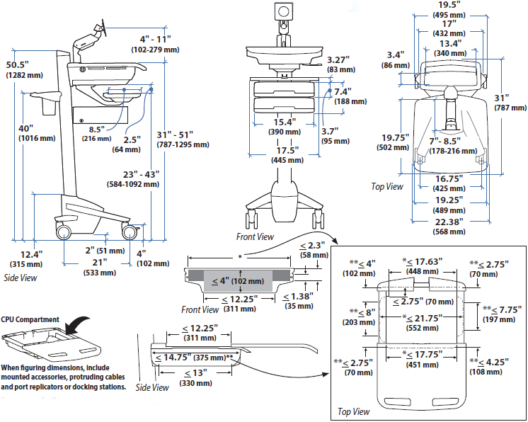 Technical Drawing for Ergotron SV43-1220-0 StyleView Cart with LCD Arm, 2 Drawers