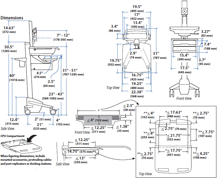Technical Drawing for Ergotron SV43-53E0-1 StyleView Telepresence Cart, Single Monitor