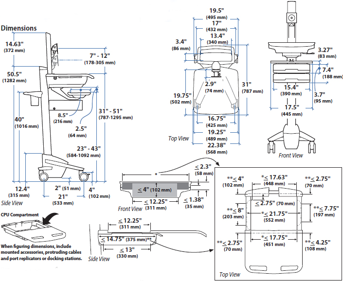 Technical Drawing for Ergotron SV43-1390-0 StyleView Cart with LCD Pivot, 9 Drawers