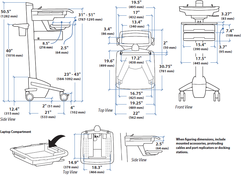 Technical Drawing for Ergotron SV43-1120-0 SV Laptop Cart, non-powered, 2 Drawers