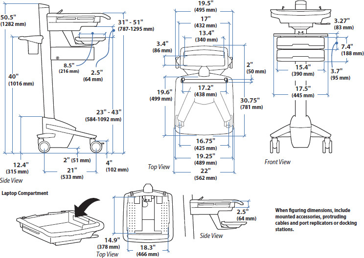 Technical drawing for Ergotron SV43-11C0-0 SV Laptop Cart, non-powered, 2 Tall Drawers